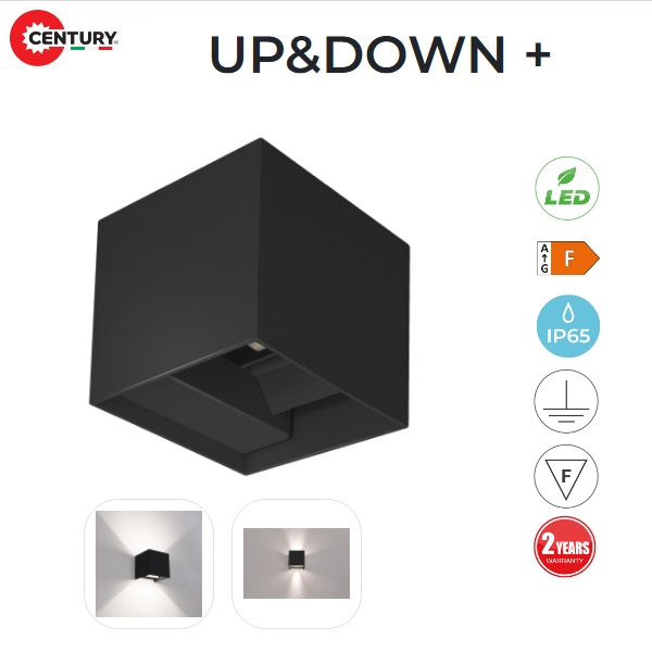 Applique LED Up & Down 10w Luce Calda Quadrato Bidirezionale IP65 Nero 800 Lumen